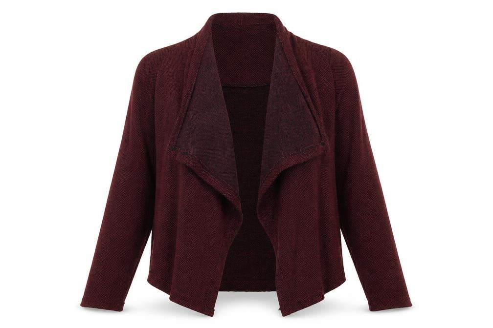 Front view of New Look women’s red knit cardigan jumper, size UK 12