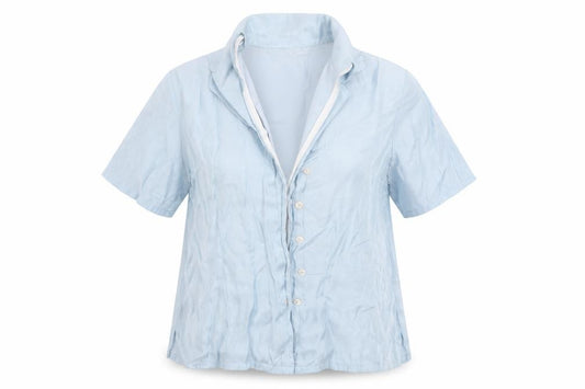 Front view of Robbie Bee women’s blue rayon basic button-up, size XL