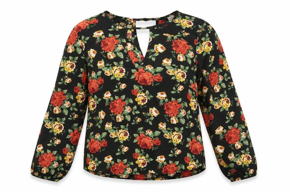 Front view of H&M women’s black floral basic blouse, size UK 10