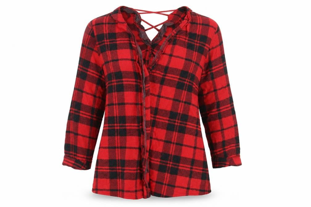 Front view of River Island women’s red check basic button-up, size UK 10