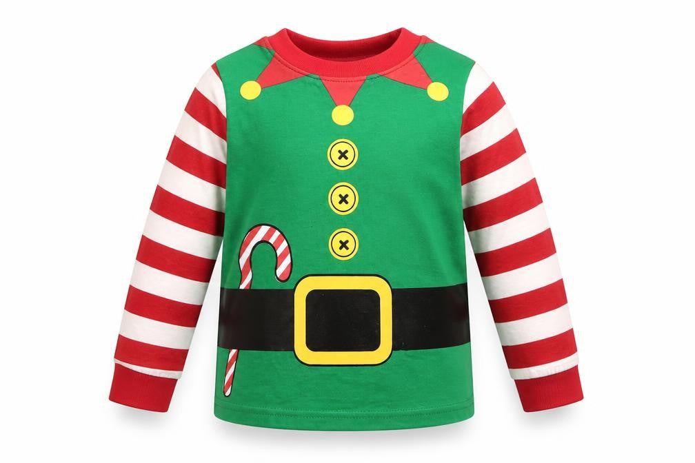 Front view of Made By Elves boys’ green striped basic t-shirt, size 2-3, years