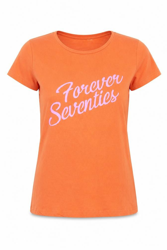 Front view of Glamorous women’s orange basic t-shirt, size UK 8, - seventies