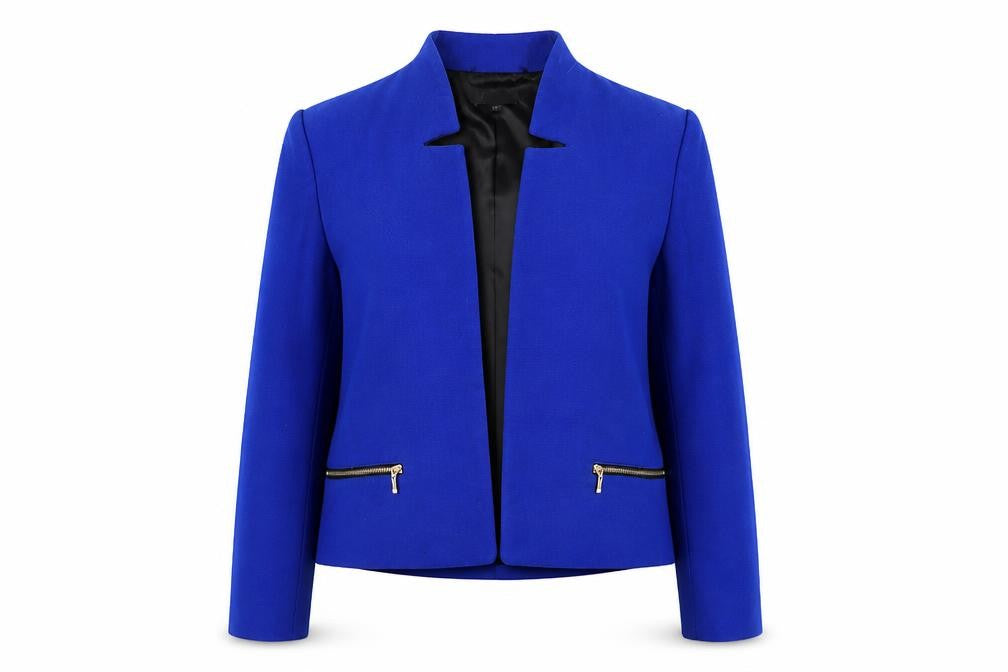Front view of Soon women’s blue jacket, size UK 14, - shoulder pads