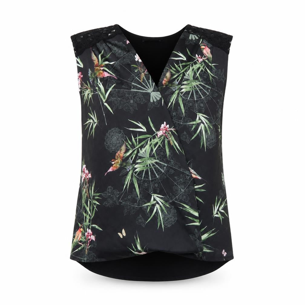 Front view of Wallis women’s black floral basic tank, size S