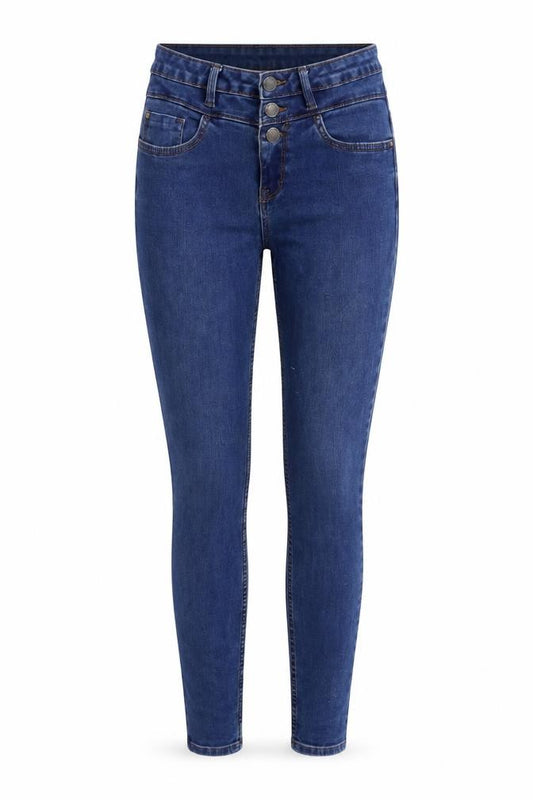 Front view of New Look women’s blue denim skinny jeans, size UK 26, in, 28-inch leg
