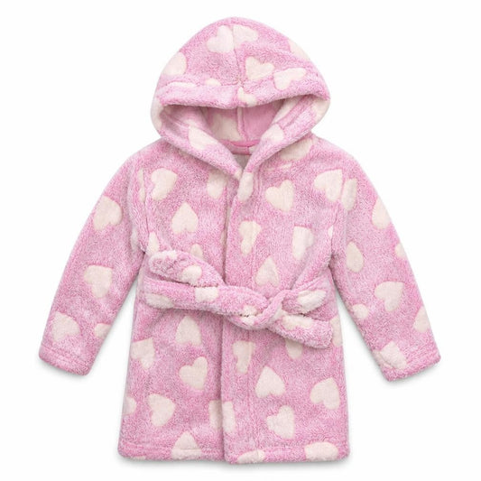 Front view of Kids&Co girls’ pink solid fleece kimono robe, size 9-12, months
