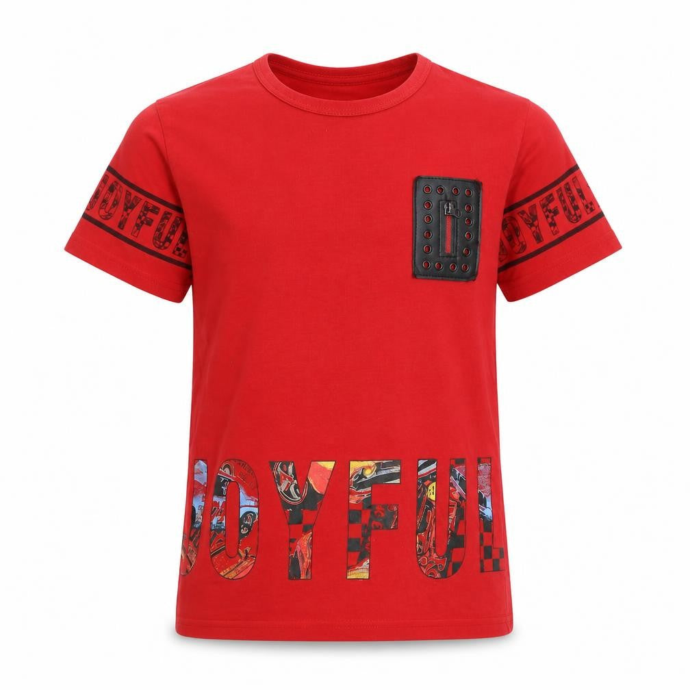 Front view of Joyful boys’ red basic t-shirt, size 8, years