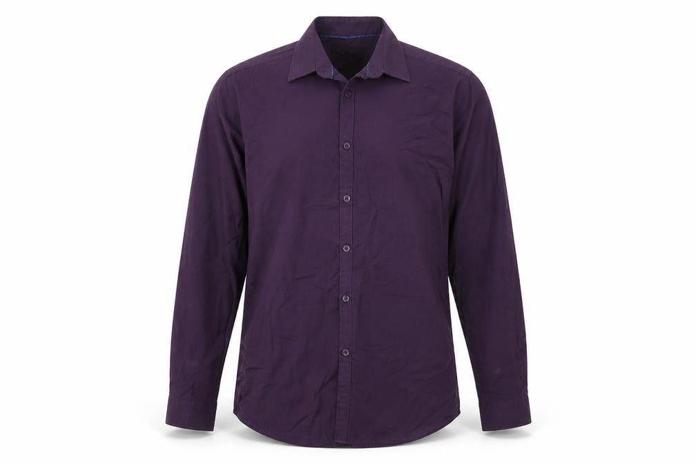 Front view of B&W men’s purple button-up, size 15