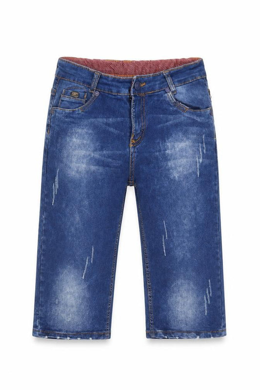 Front view of New Flansh women’s blue denim bermuda shorts, size UK 8