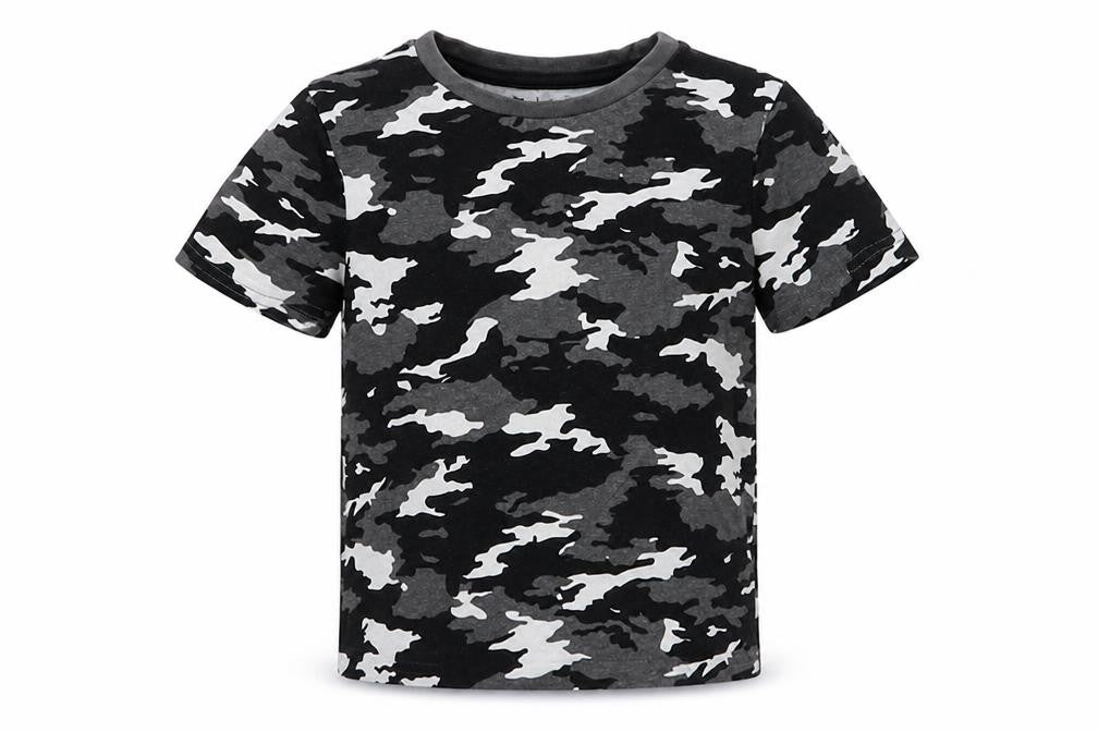 Front view of Tu boys’ grey camouflage basic t-shirt, size 3, years
