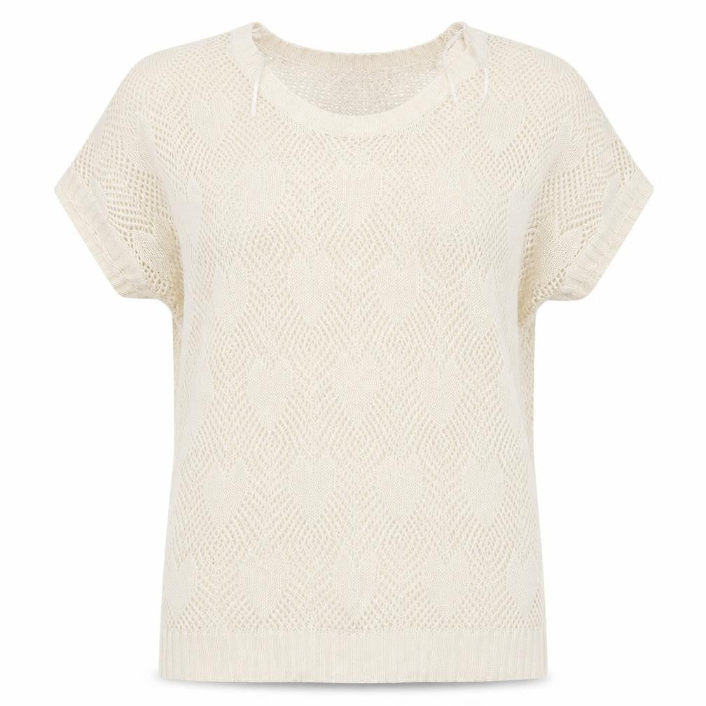 Front view of George women’s ivory tunic jumper, size UK 14, - open knit heart pattern