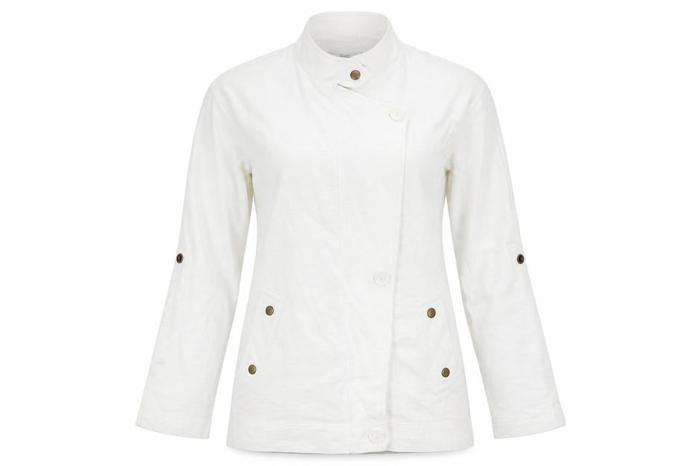 Front view of Next women’s white jacket coat, size UK 10, - roll up sleeve
