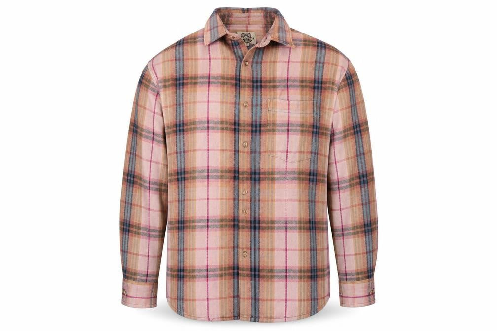 Front view of Natif men’s orange check button-up, size M