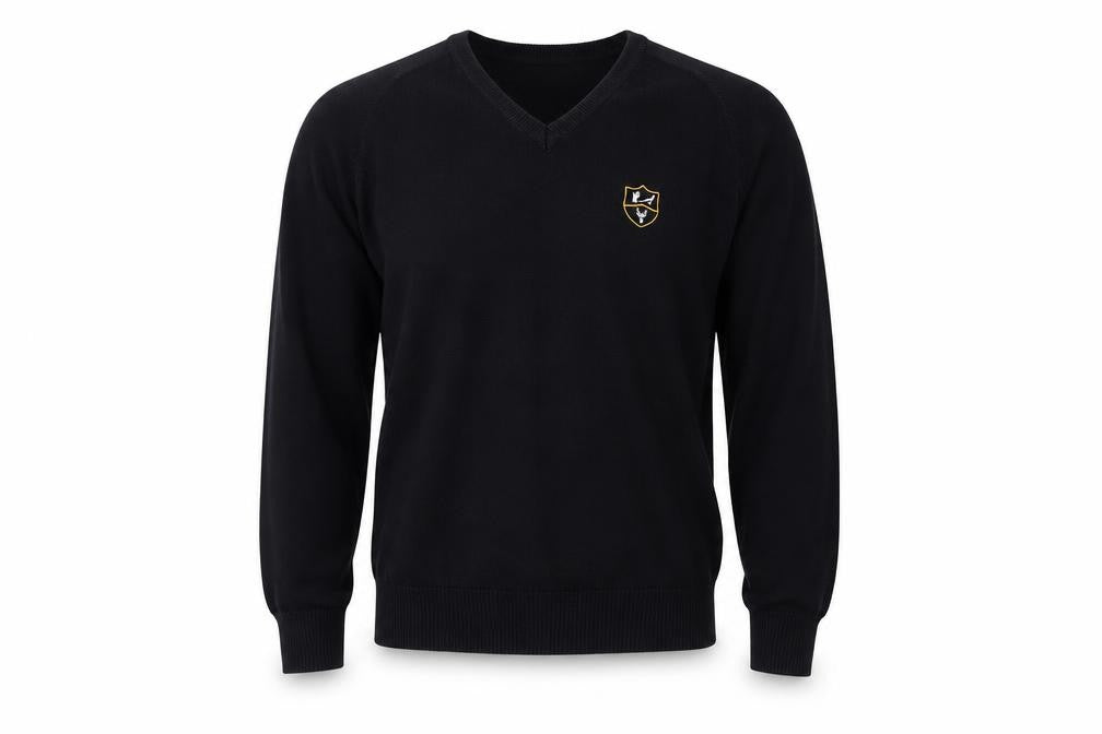 Front view of TruTex men’s black henley jumper, size XS