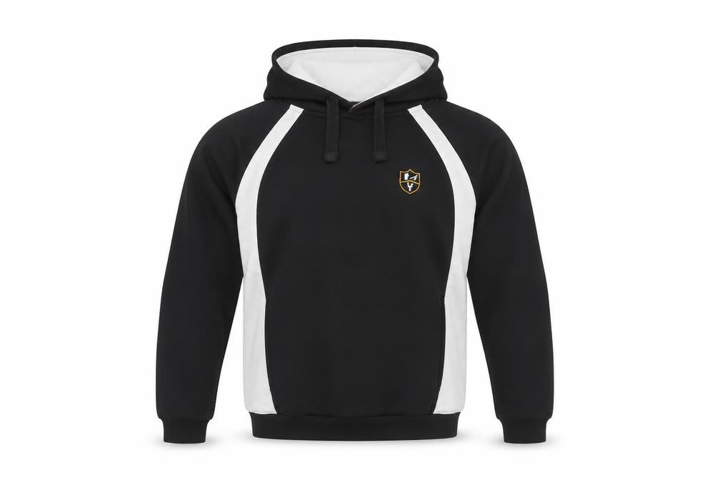 Front view of AKOA men’s black pullover hoodie, size XS