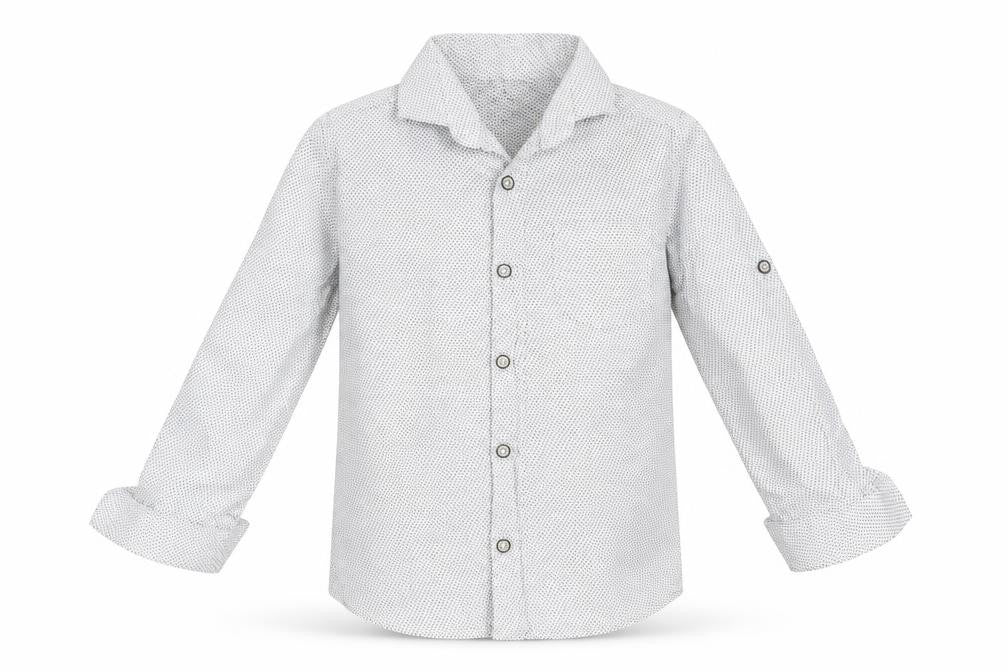 Front view of LC Waikiki boys’ white spotted basic button-up, size 5-6, years