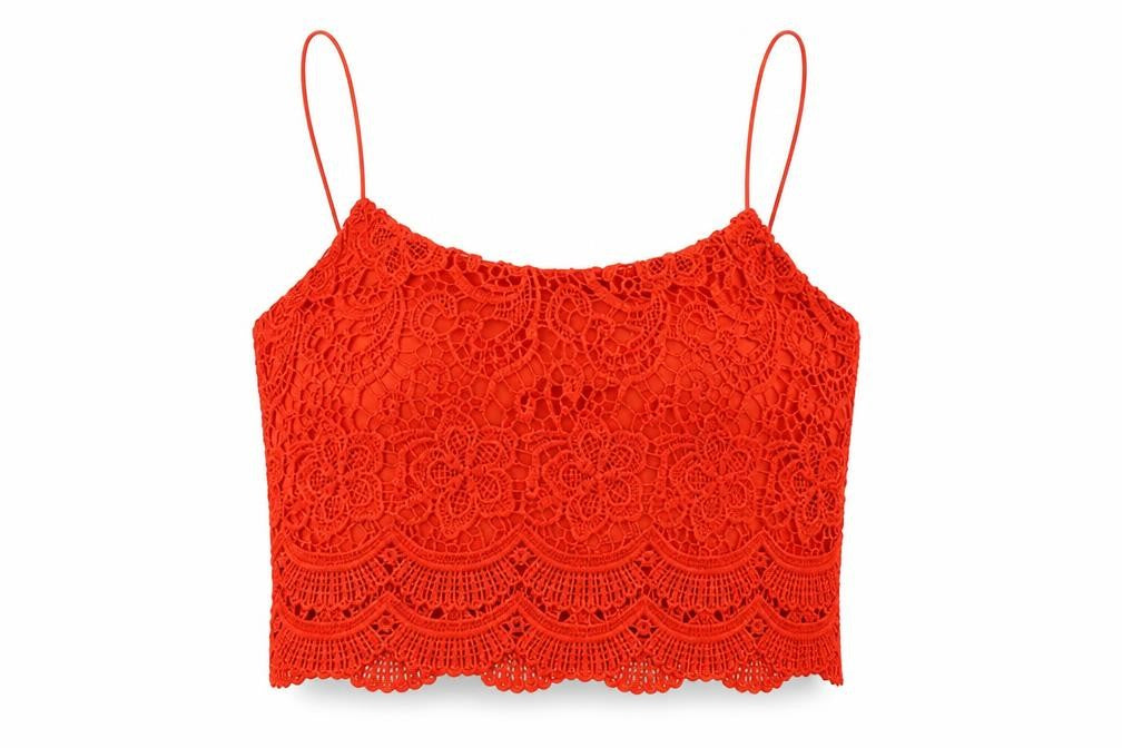 Front view of Diffuse women’s red floral cropped tank, size UK 12