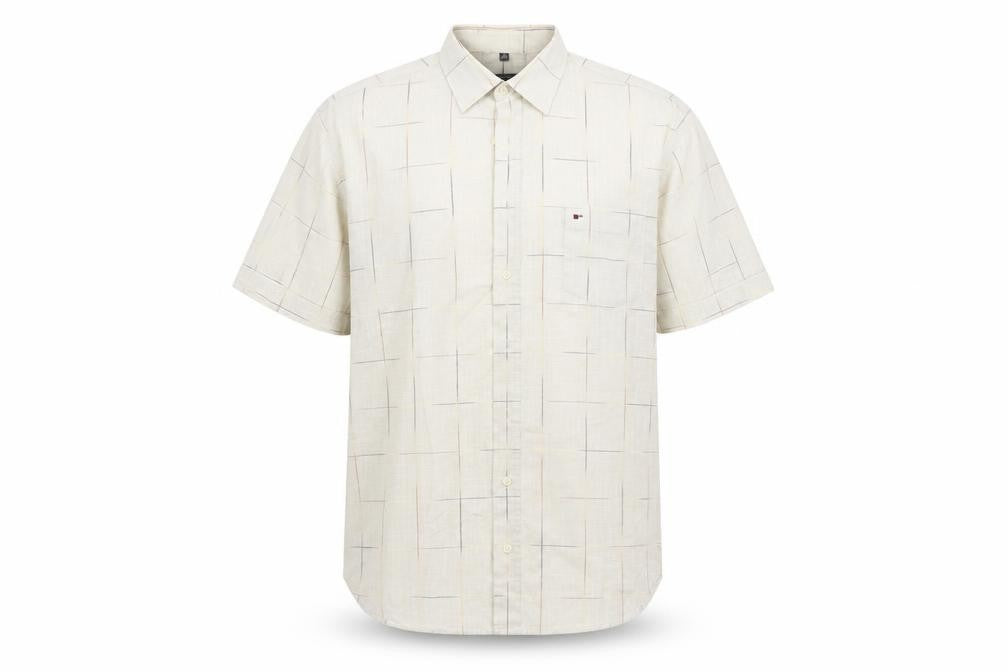 Front view of Jupiter men’s beige check button-up, size L