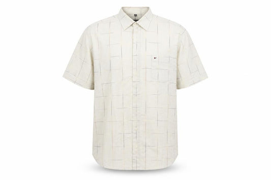Front view of Jupiter men’s beige check button-up, size L