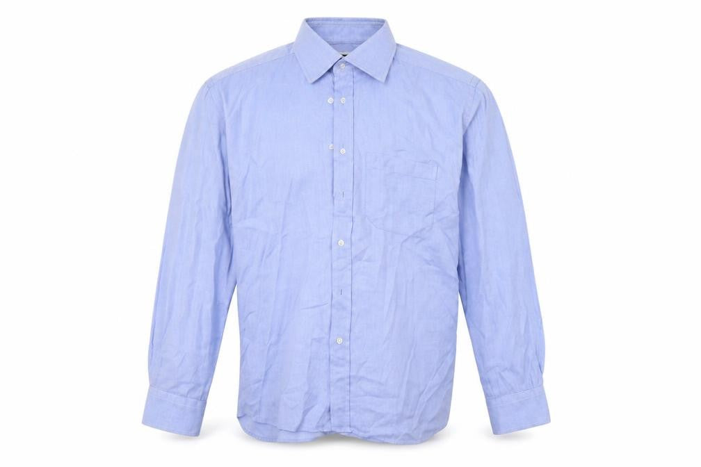 Front view of Roccobarocco men’s blue button-up, size 16.5