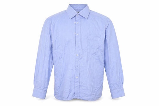 Front view of Roccobarocco men’s blue button-up, size 16.5