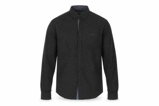 Front view of Brunswick men’s black polka dot dress shirt, size S