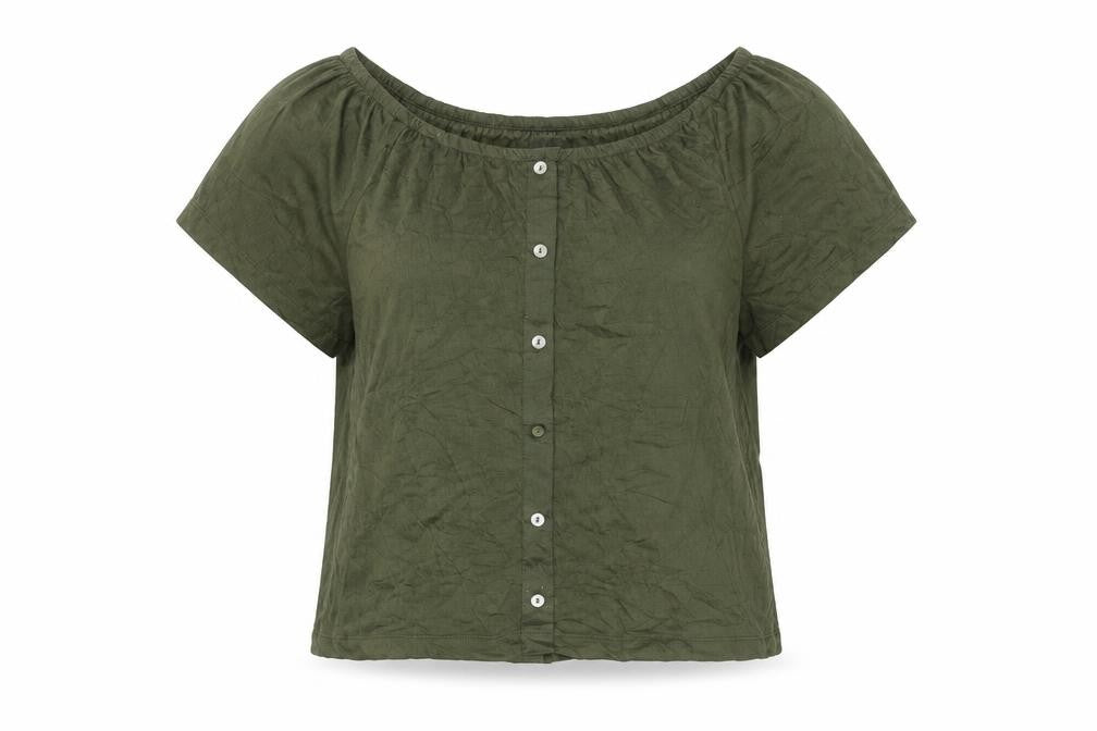 Front view of Primark women’s green basic button-up, size UK 4