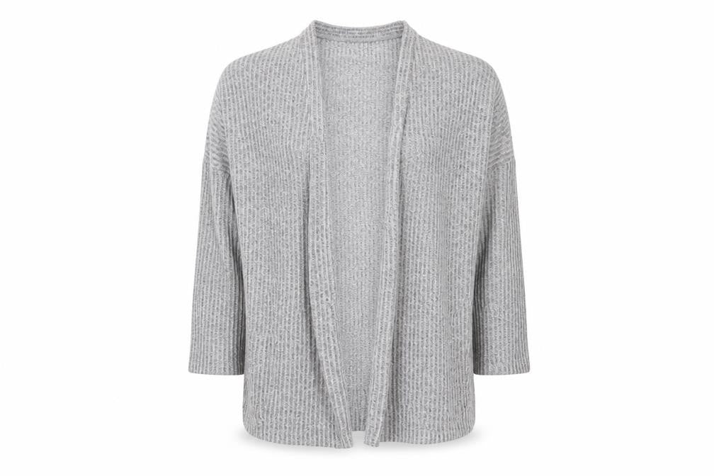 Front view of Jeff&co women’s grey cardigan jumper, size UK 10
