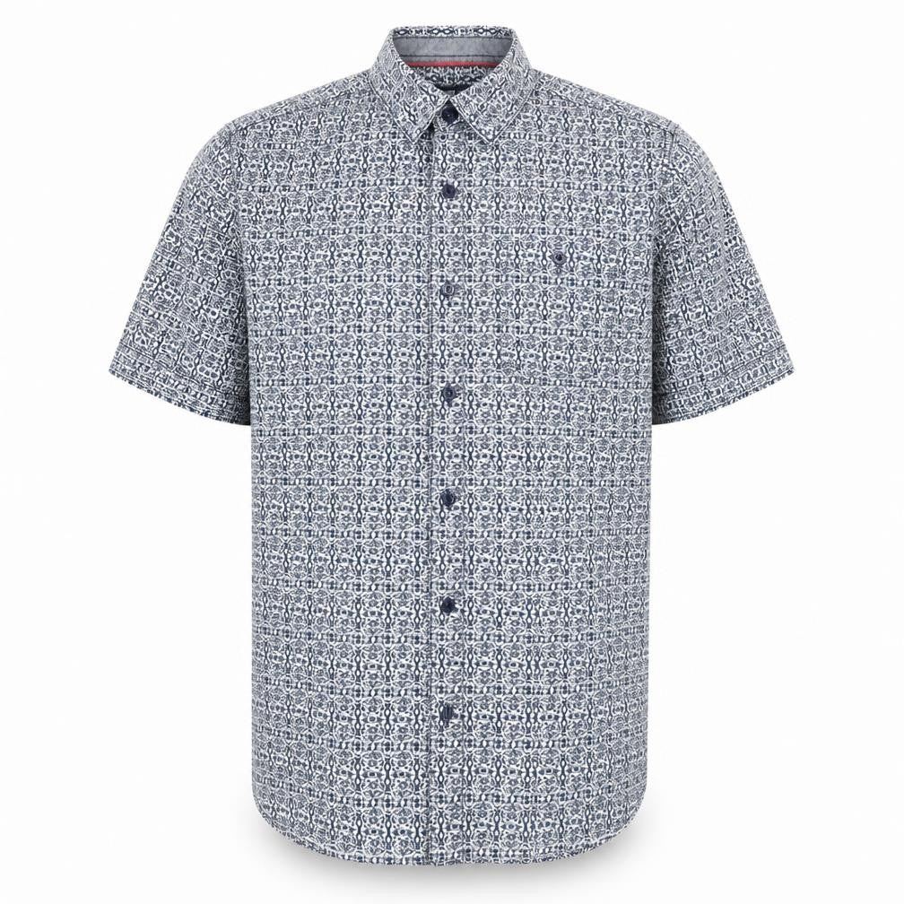 Front view of Sandstone & Co men’s blue geometric button-up, size M