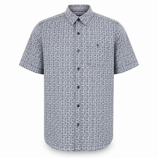 Front view of Sandstone & Co men’s blue geometric button-up, size M