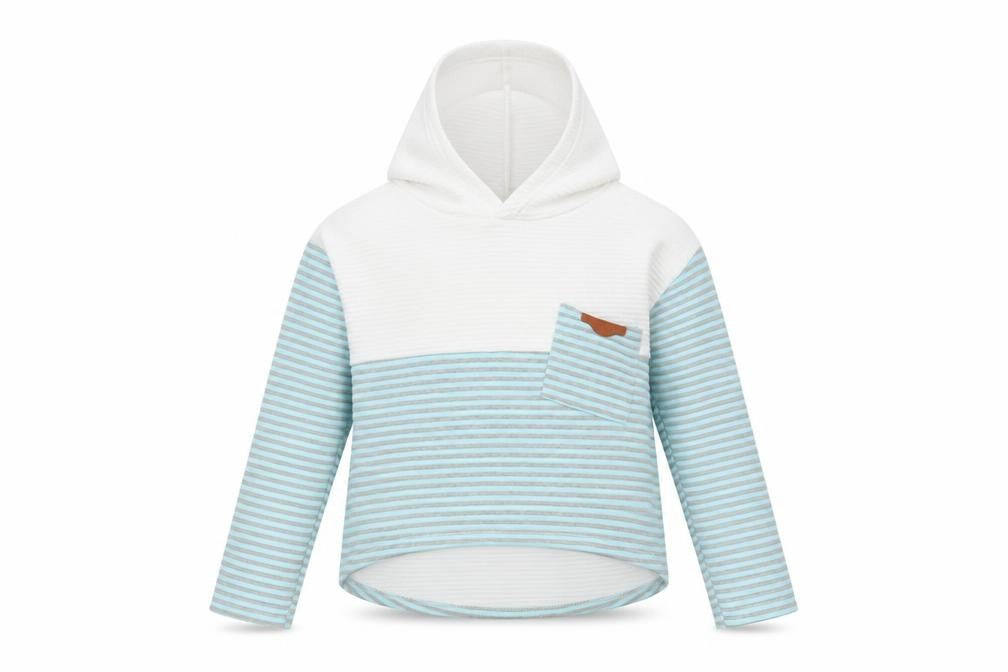 Front view of women’s blue pullover hoodie, size S