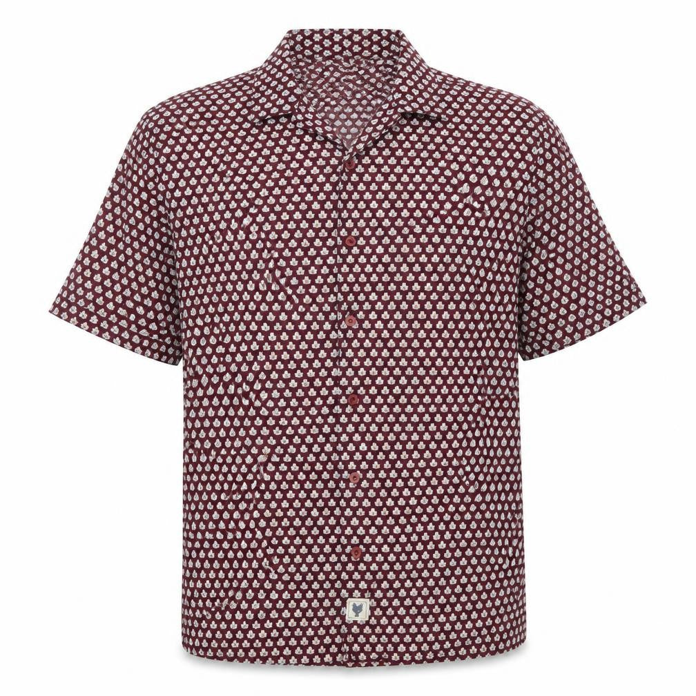 Front view of Jacob Harris men’s red button-up, size M