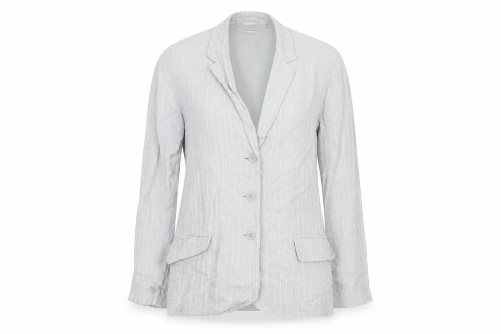 Front view of Liz Claiborne women’s grey striped jacket blazer, size UK 10