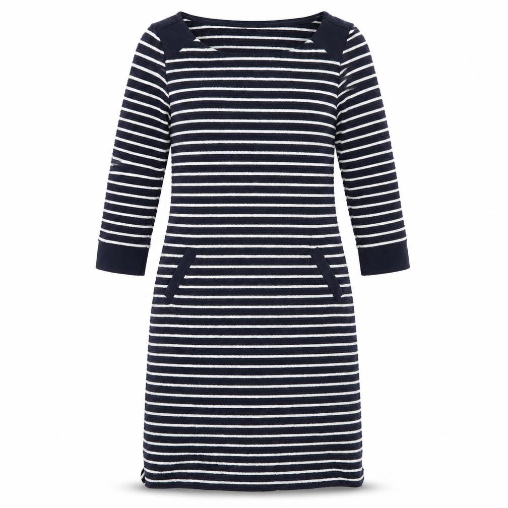 Front view of Per Una women’s blue striped fit & flare, size UK 8
