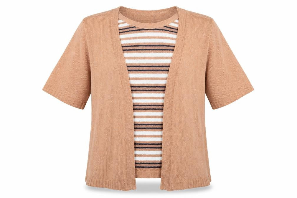 Front view of ME women’s orange striped jumper, size M