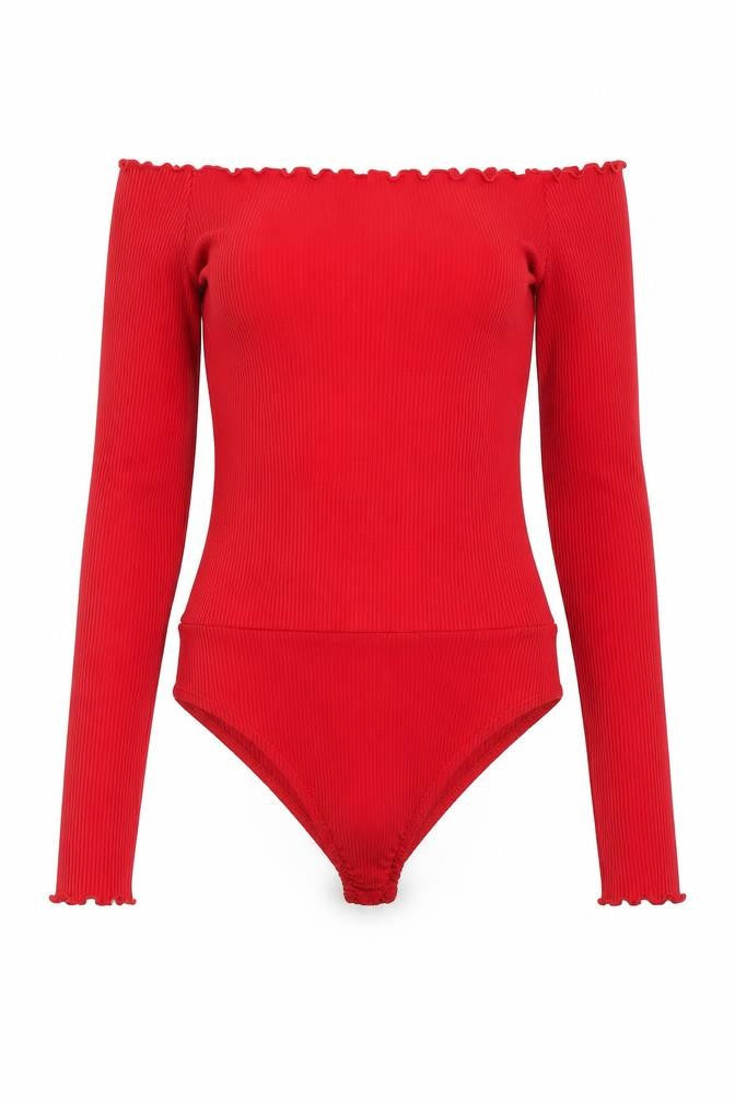 Front view of PRETTYLITTLETHING women’s red bodysuit one-piece, size UK 4, - lettuce edging