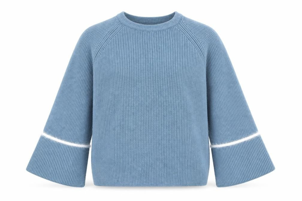 Front view of New Look women’s blue knit jumper, size S, - flare sleeve