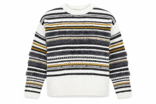 Front view of Papaya women’s white striped knit jumper, size M