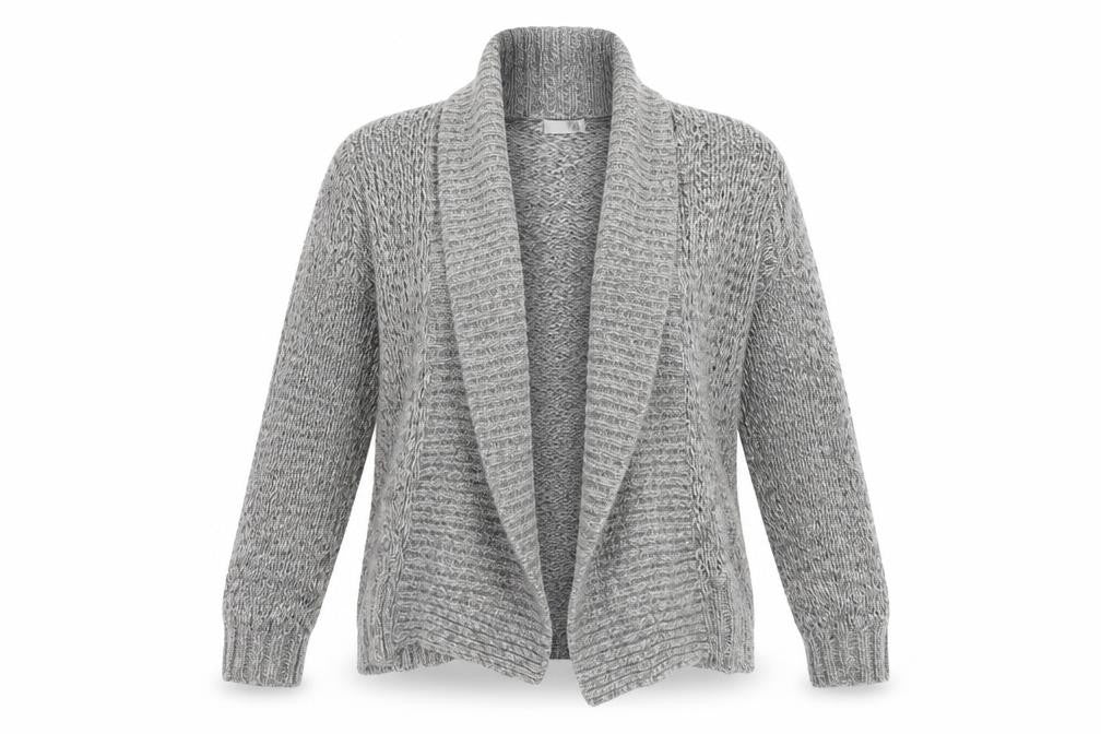 Front view of isle women’s grey cardigan jumper, size S