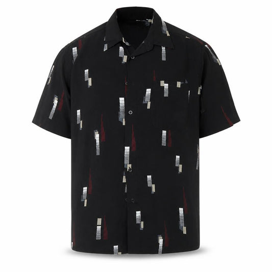 Front view of Pharaoh men’s black geometric dress shirt, size 39
