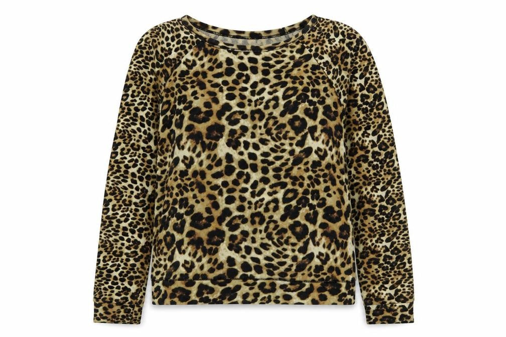 Front view of La Sensa women’s brown animal print jersey pullover sweatshirt, size S