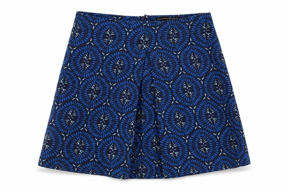 Front view of Atmosphere women’s blue geometric flare skirt, size UK 8