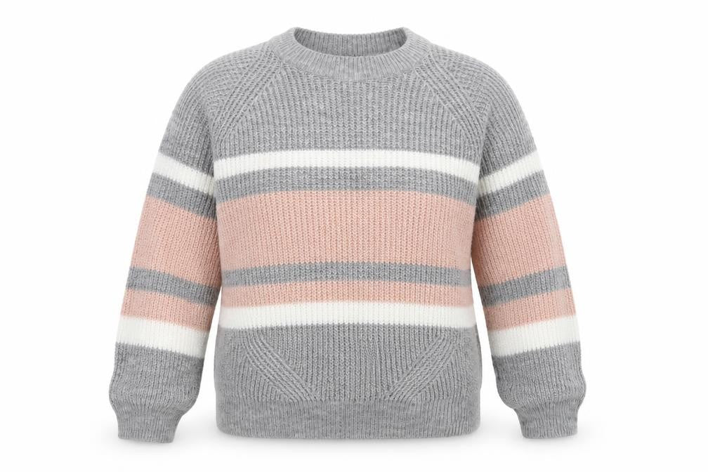 Front view of Select women’s grey striped pullover sweatshirt, size M
