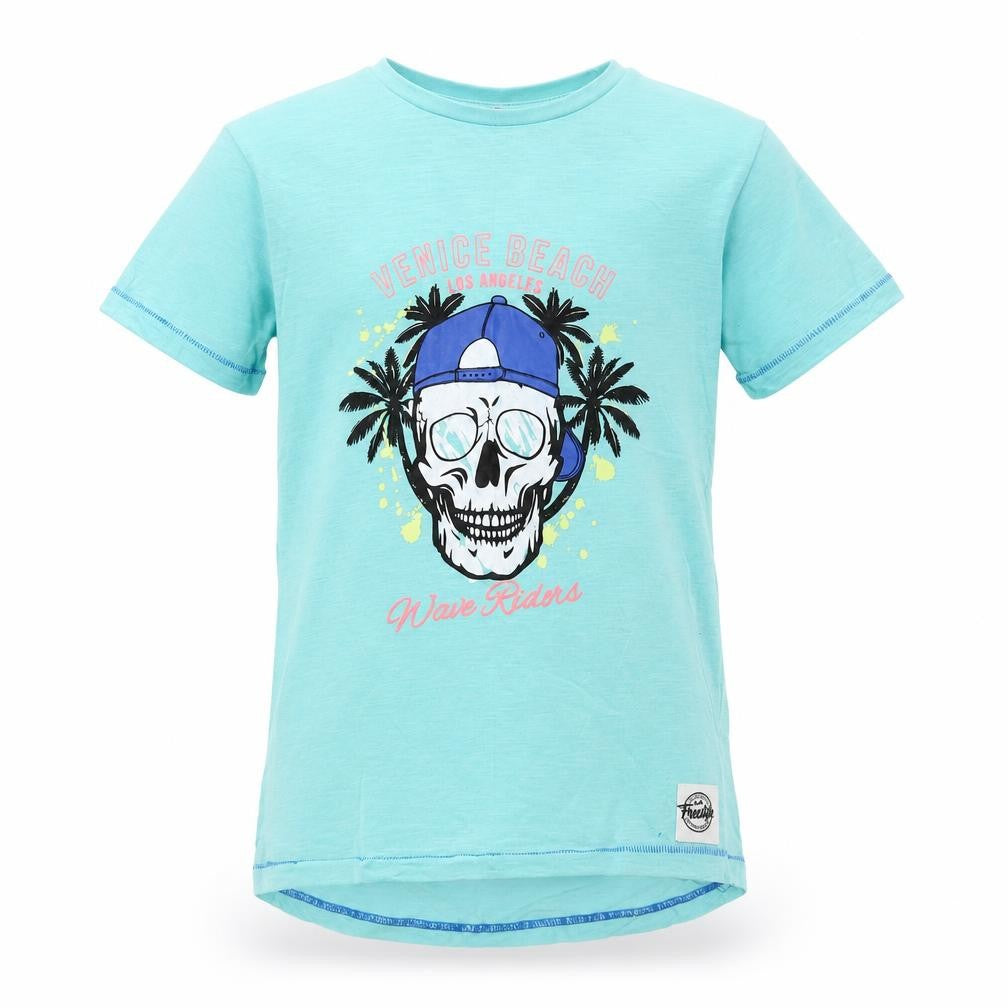 Front view of Pep&Co boys’ blue basic t-shirt, size 7-8, years
