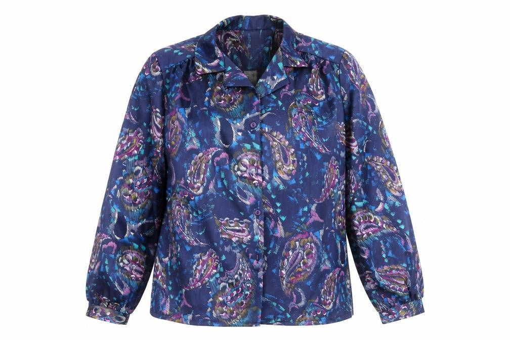 Front view of sartor women’s blue paisley basic blouse, size UK 20