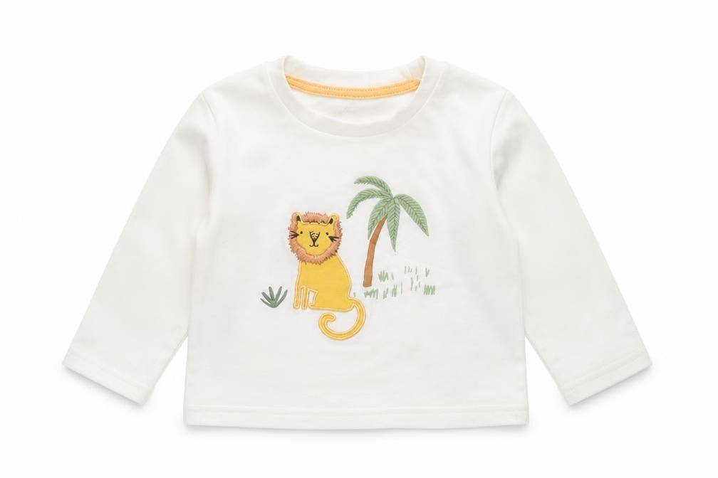 Front view of Primark Baby White Basic T-Shirt, size 9-12, Months - embroidered lion