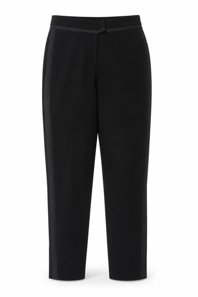 Front view of H&M women’s black trousers, size UK 6, 26-inch leg
