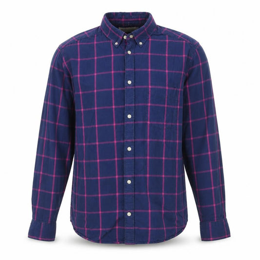 Front view of H&M men’s blue check button-up, size L