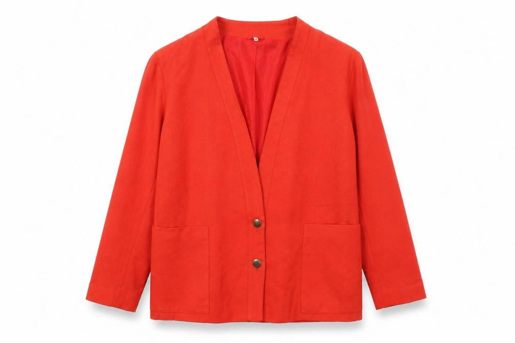 Front view of Preworn women’s red jacket blazer, size UK 14