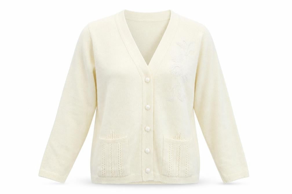 Front view of Florida women’s ivory cardigan jumper, size S